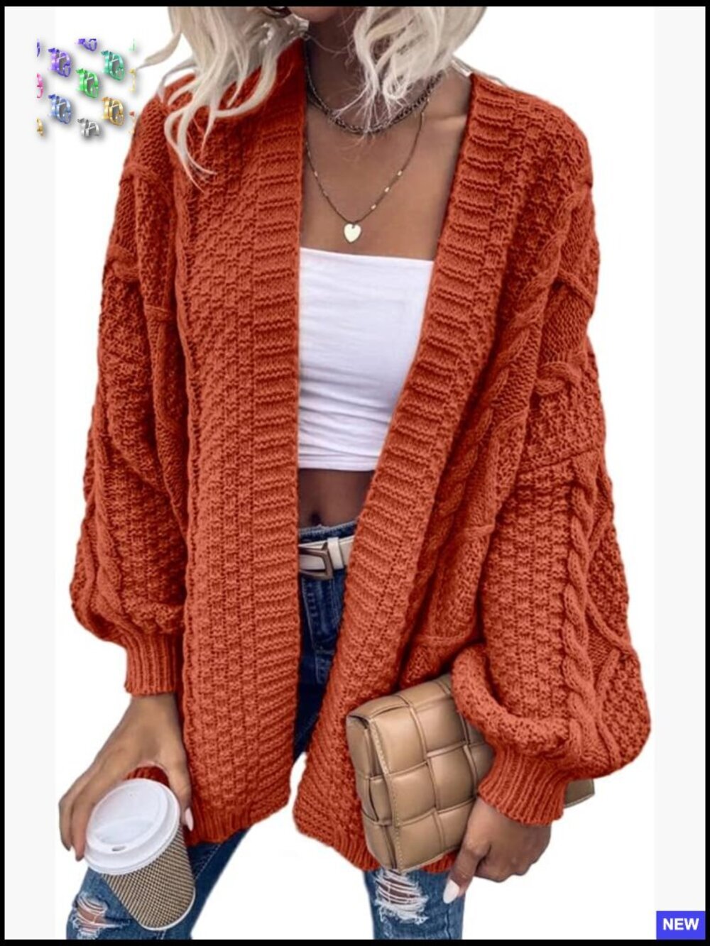 Oversized Cable Knit Cardigan Chunky Lantern Sleeve Open Front Sweater Coat